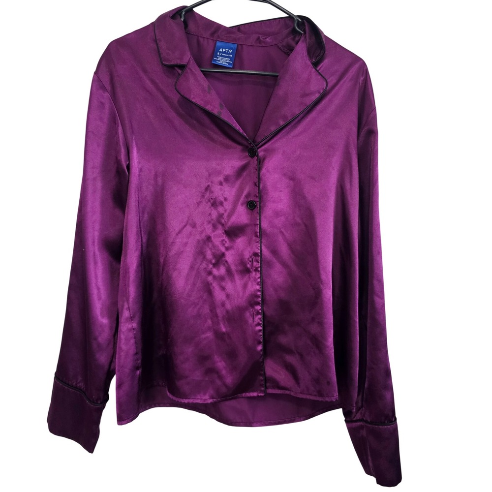 Apt 9 Intimates Womens Small Purple Satin Long Sleeve Button‎ Down Pajama Top
